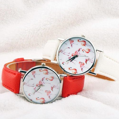 Dámské stylové hodinky s plameňákem - Cervena