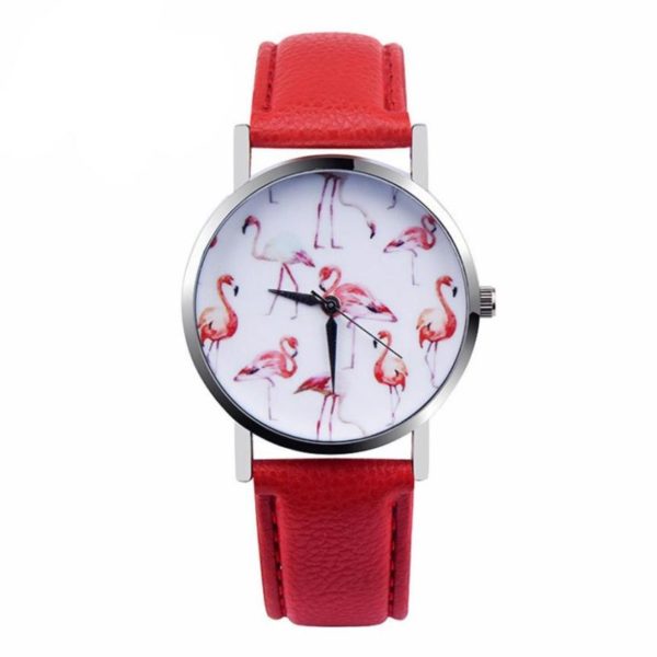 Dámské stylové hodinky s plameňákem - Cervena