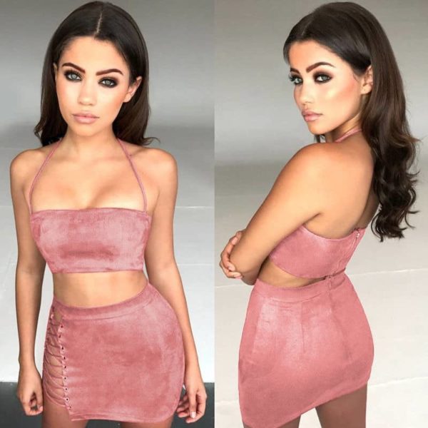 Dámský sexy crop top se sukní - Pink, XL