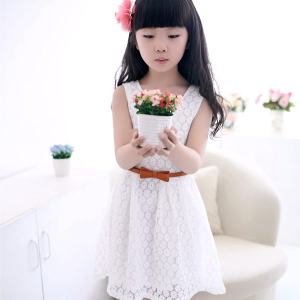 Dívčí elegantní krajkové šaty s páskem - 6-let, White