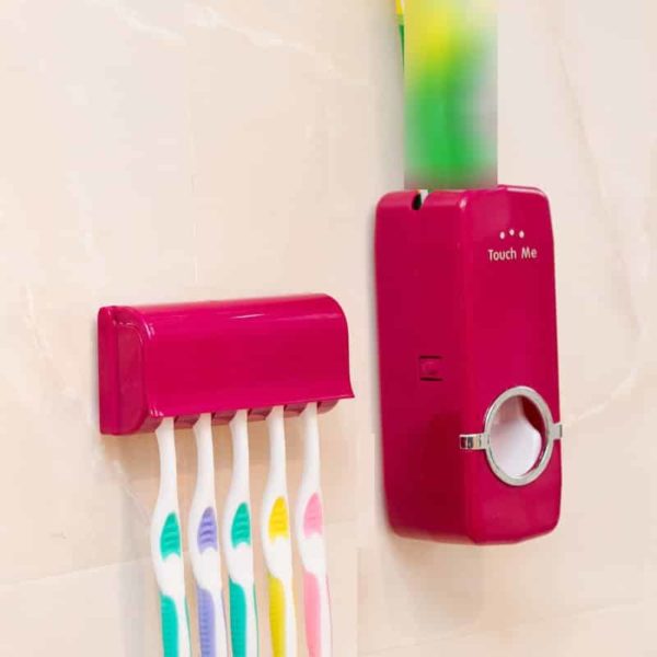 Koupelnový set | Držák na zubní kartáček, Automatický dávkovač zubní pasty - Cervena