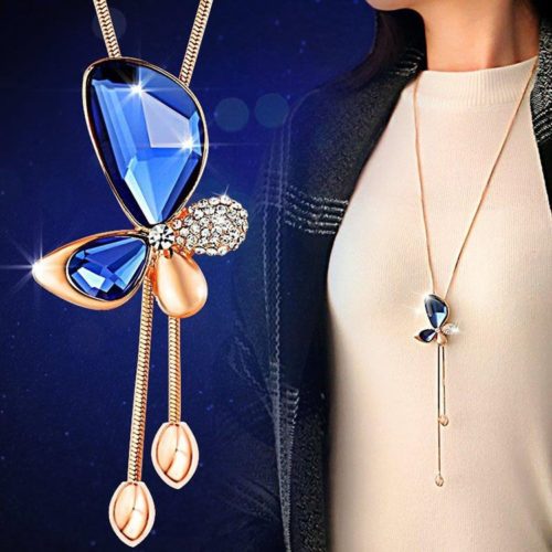 Dámský dlouhý náhrdelník s přívěskem | Motýl - Champagne