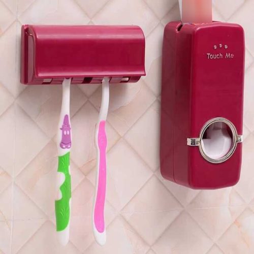 Koupelnový set | Držák na zubní kartáček, Automatický dávkovač zubní pasty - Cervena