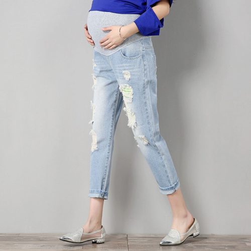 Dámské těhotenské džíny s pružným pasem | Obnošený vzhled - Xxl, Light-blue
