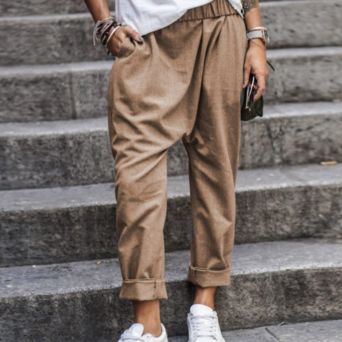 Dámské bavlněné kalhoty s pružným pasem - 5xl, Khaki