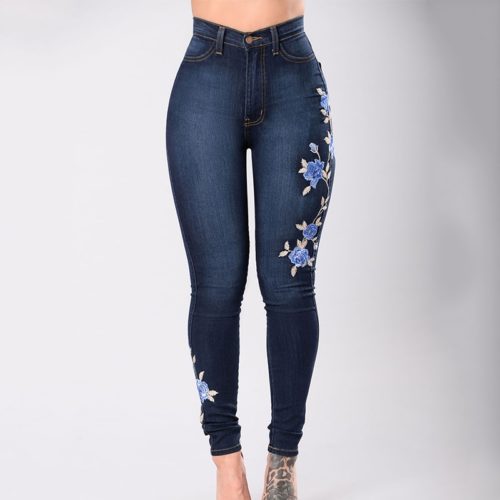 Dámské džínové kalhoty s motivem květin - Xxxl