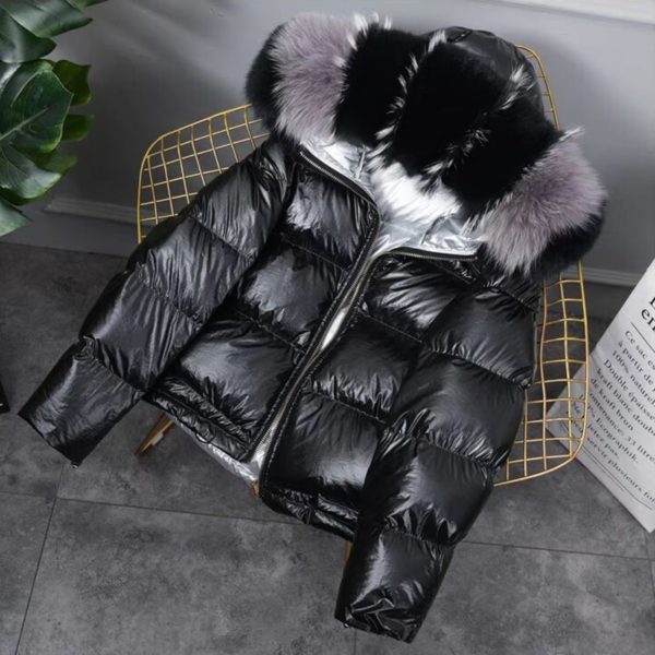 Stylová lesklá bunda s kožíškem Sexy Energy - S, Fur-black