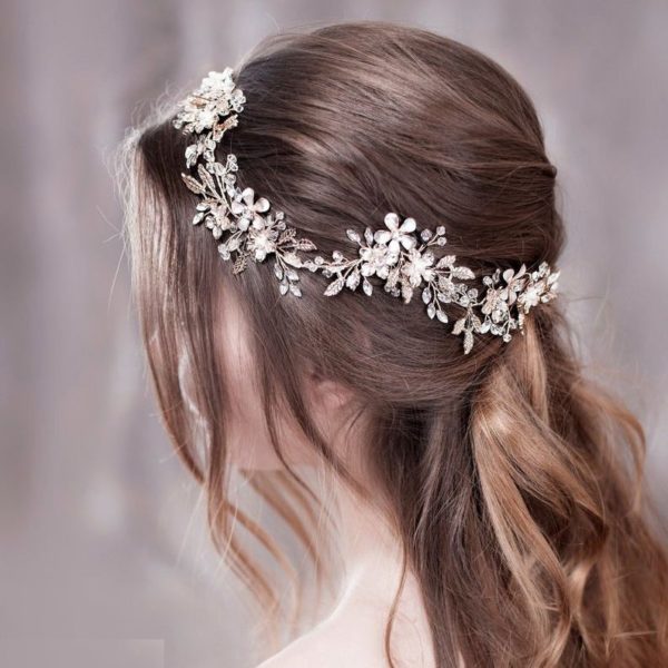 Luxusní vlasové čelenky zdobené umělými krystalovými kamínky a vzorem květin - Light-gold-200003760