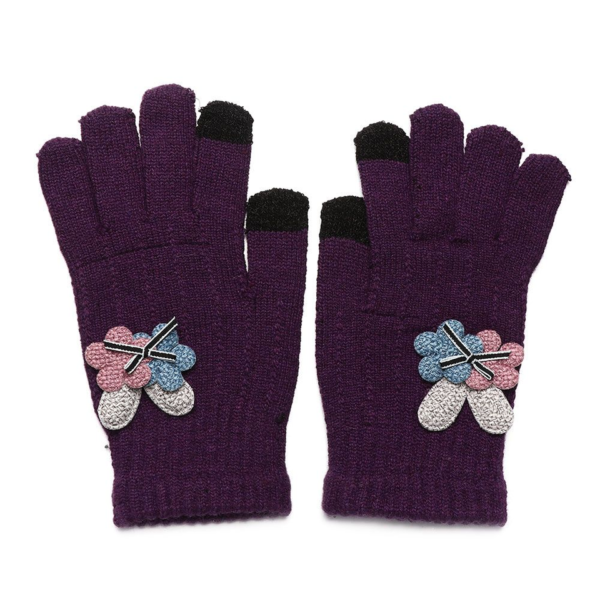 Pletené zimní dámské rukavice s nášivkou květiny - New -pink
