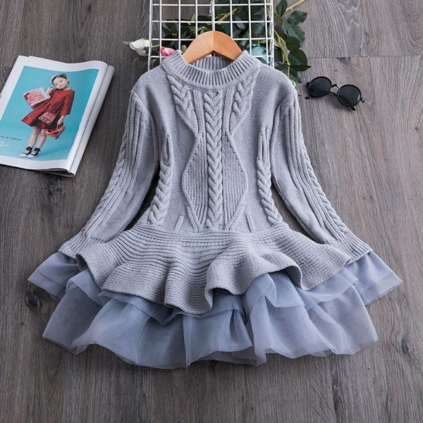 Dívčí zimní šaty pletený vzor s dlouhým rukávem - 668-G, 8