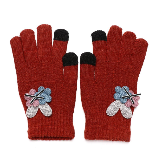 Pletené zimní dámské rukavice s nášivkou květiny - New -pink