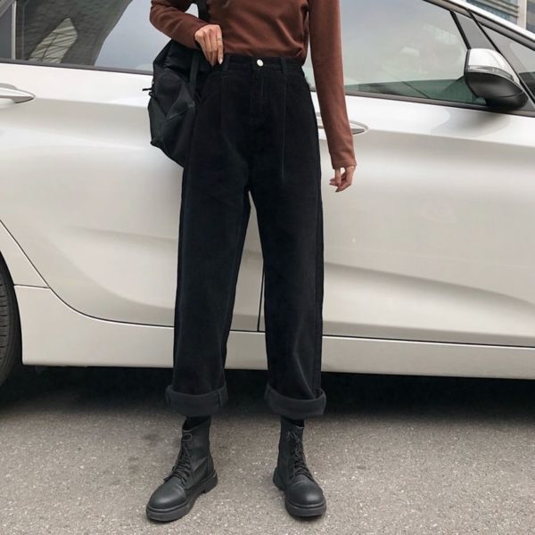 Dámské vintage manšestrové kalhoty s vysokým pasem - Black, XL