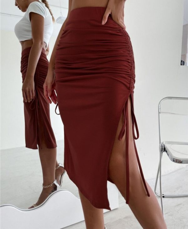 Dámská midi sukně s rozparky a stahovací šňůrou - Wine Red, XL
