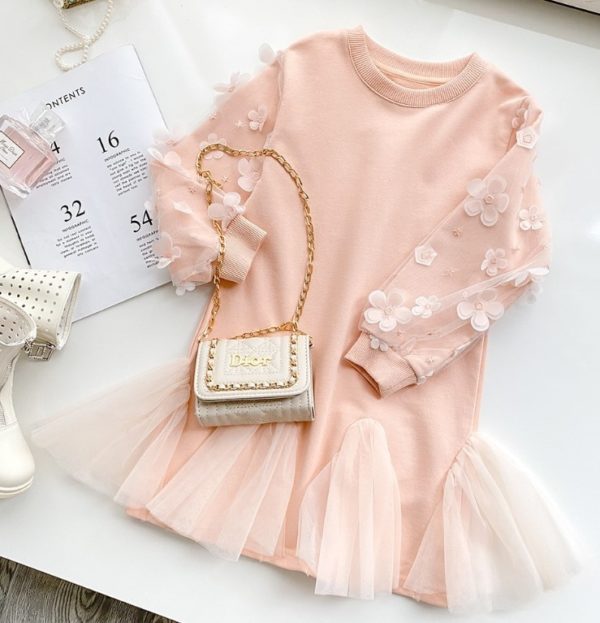 Dívčí růžové mikinové šaty s krajkou - 130