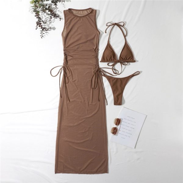 Sada dvoudílných plavek + průhledné šaty s rozparky - Brown, L