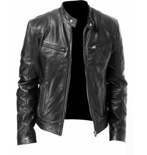 Pánská kožená bunda, zimní vintage, zip, motorkářská bunda, módní stojaté kapsy na límci, pánská tvrdá bunda, kabát - Khaki, 5xl