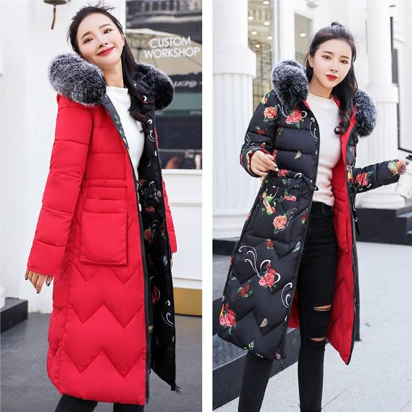 Dámský oboustranný dlouhý kabát Susie s kožíškem - Red, 3xl